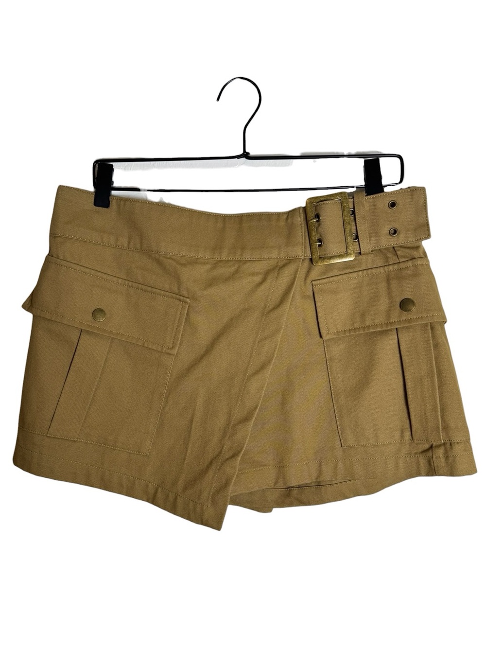 Zara Belted Cotton Cargo Wrap Skort Khaki Tan Asymmetric Utility Shorts